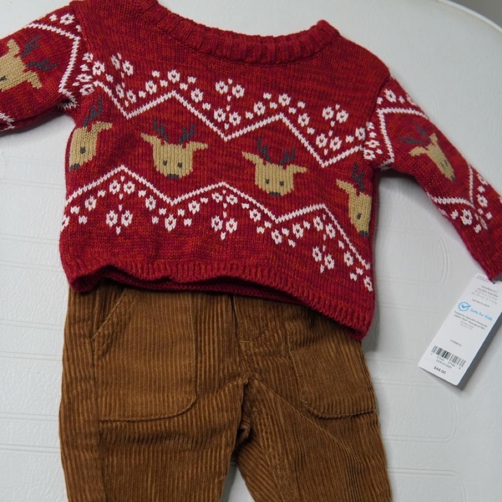 Red Reindeer Sweater and Brown Corduroy Pants Set